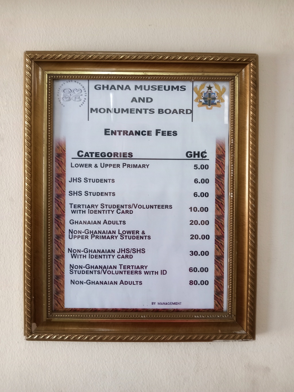 Entrance fees to Osu Castle, as displayed at reception to museum.